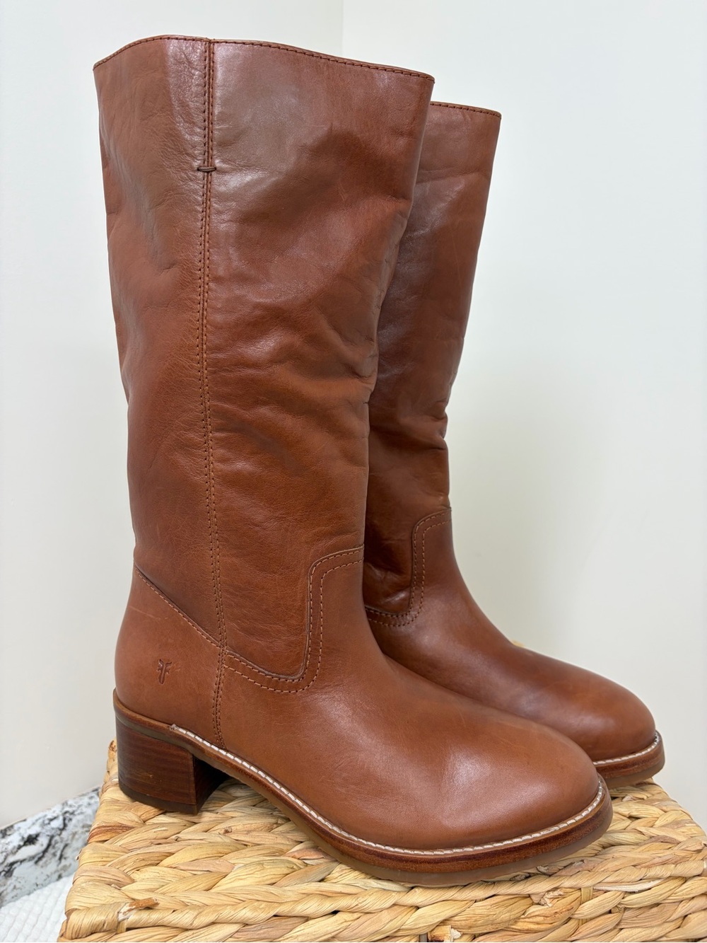 Frye Cognac Leather Mid-Calf Heeled Boots